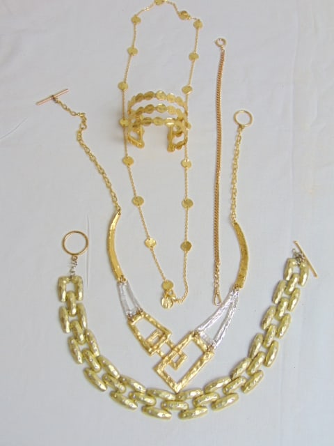 Jewelry. Designer costume lot & other signed Karine Sultan necklace, French designer; triple design (1 of 5)