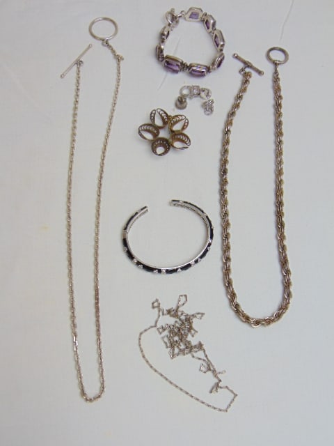 Sterling lot of Jewelry to include amethyst bracelet; cz 925 sgd. black enamel bangle, Beau sterling (1 of 5)