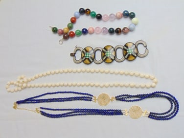 Jewelry. 4 pc lot to include stone ball necklace; sterling lapis triple strand necklace; & stone,