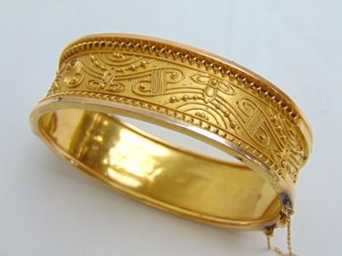 Jewelry. Victorian Etruscan Revival Gold bangle, 21.15 grams, hallmarks 1879, PAT; PAT May 11, 1880,