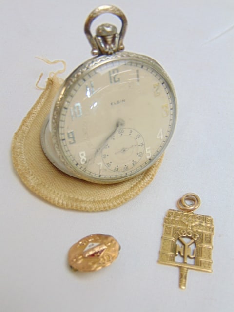 Jewelry. 2 pc 14k yellow gold & Elgin Art Deco pocket watch 14kt white gold filled, 17 Jewel, 1933 (1 of 5)
