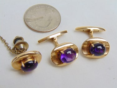 Jewelry. 14kt cuff links & tie pin with amethyst, hallmark 14k, cufflinks 10.55 grams, tie pin