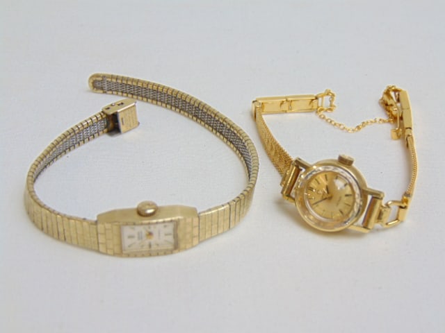 Jewelry. 2 Gold ladies wristwatches 18kt & 14k to include 18kt test Omega face, band made in Germany (1 of 5)