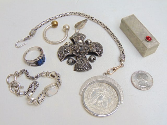 Jewelry. Sterling lot of jewelry to include Mexican, Tiffany & Co. 800 lipstick case, ring, (1 of 4)