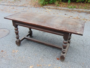 Early stretcher base harvest table, oak, 72" by 30", 31.5" tall