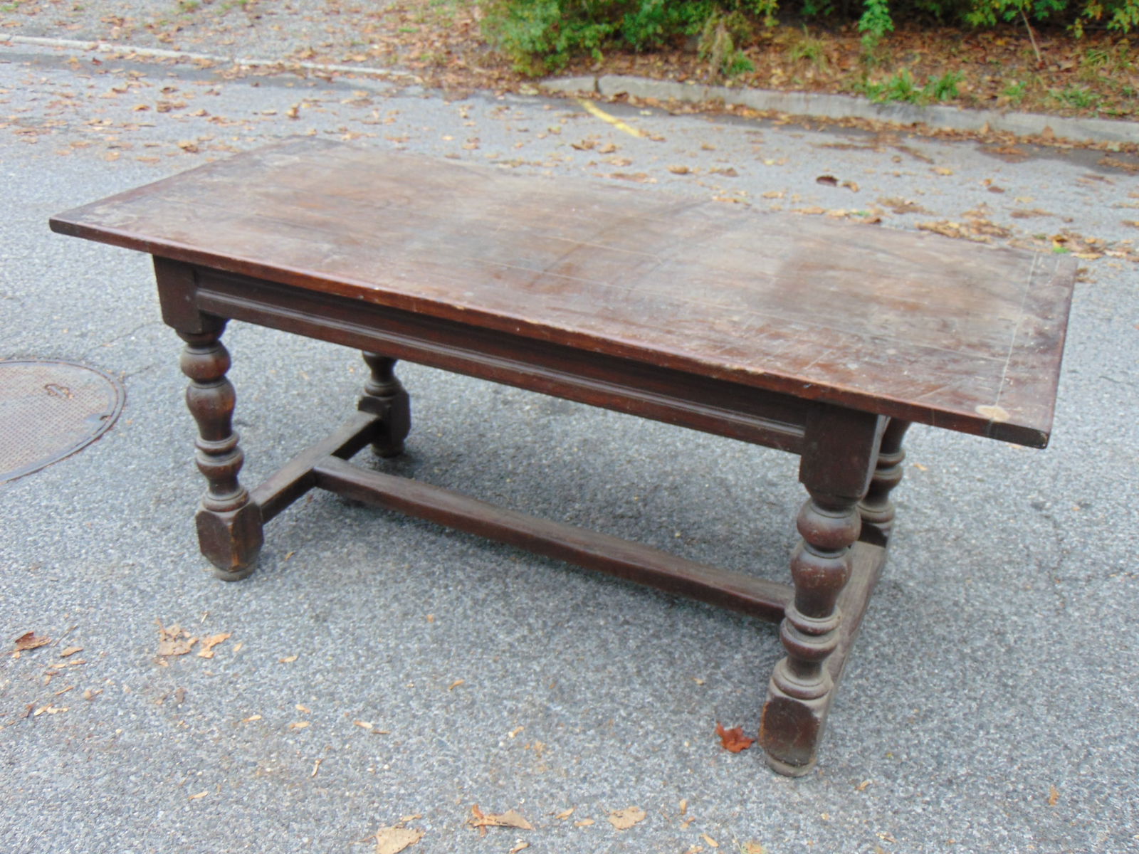 Early stretcher base harvest table, oak, 72" by 30", 31.5" tall (1 of 4)