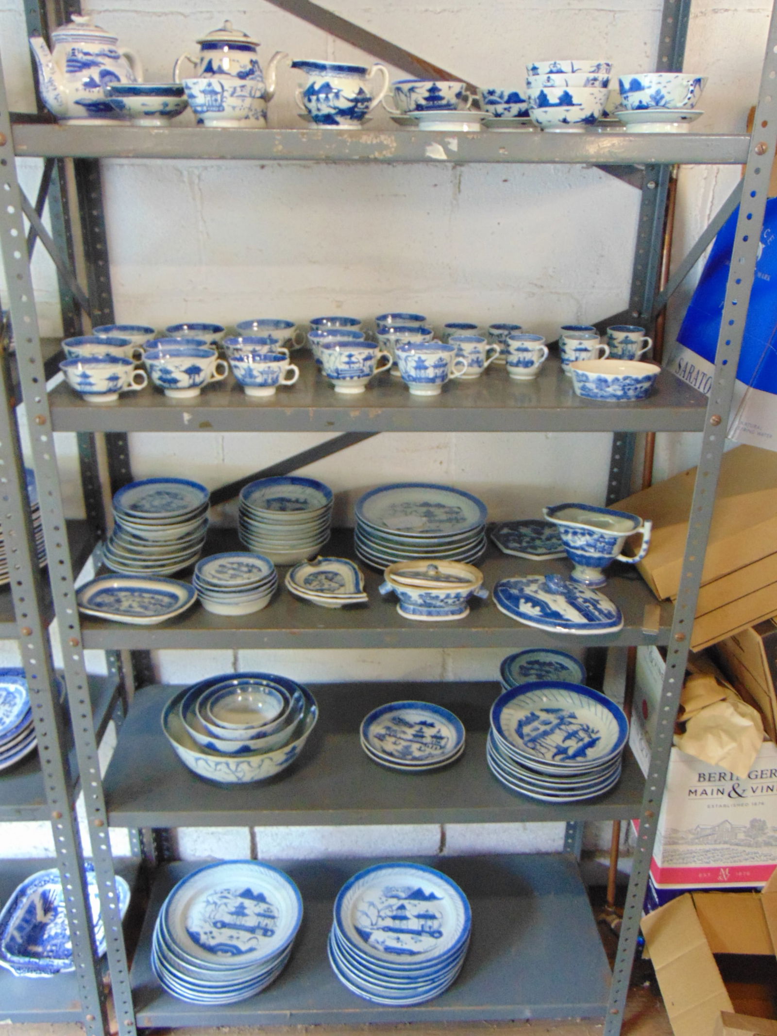 Large collection blue & white Canton china.: Large collection blue & white Canton china, includes dinner plates, various small plates, cups, saucers and more, see images for detail.