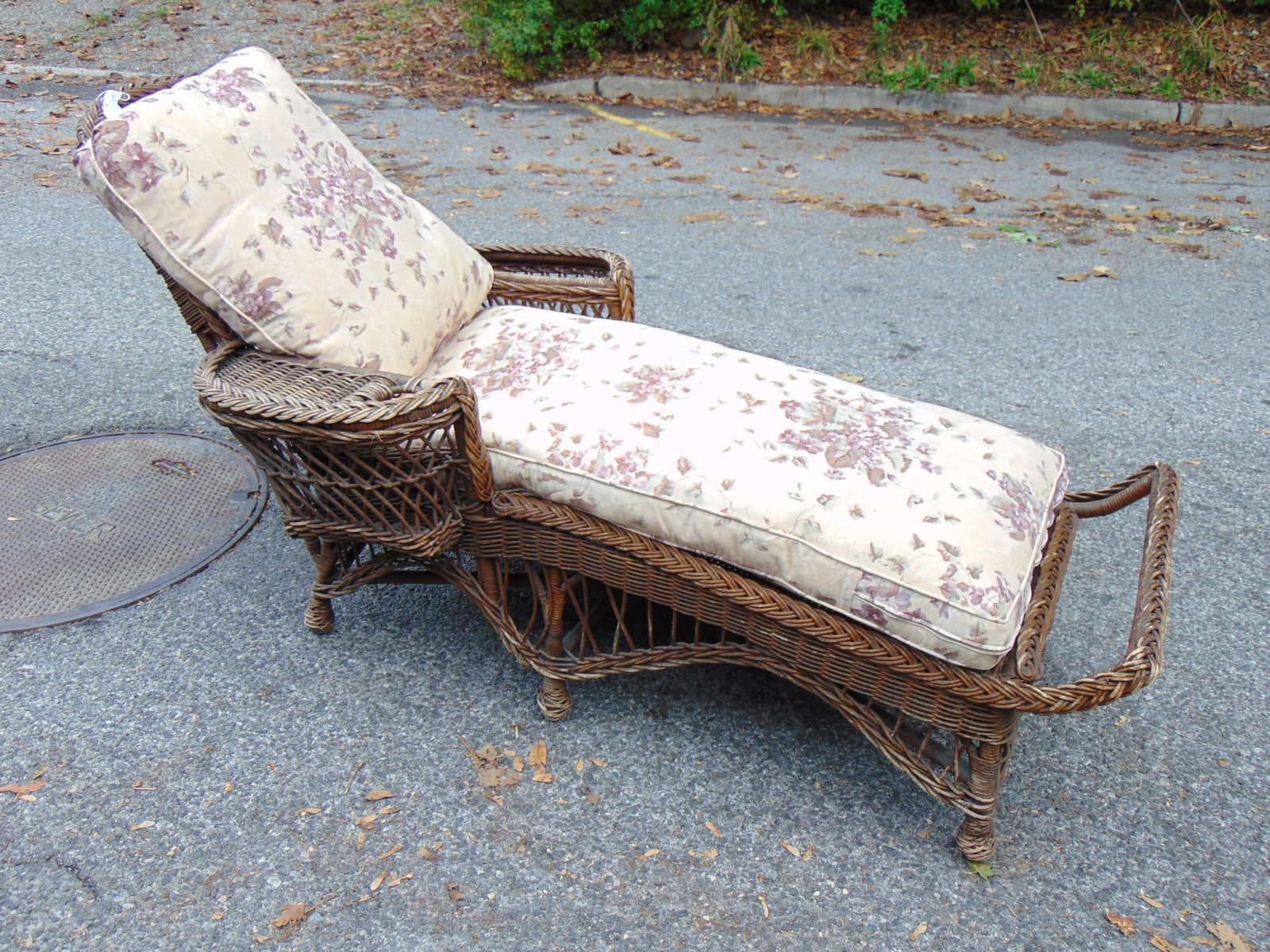 Wicker chaise lounge, natural finish, with pillows, chaise is 72" long, 34" wide, 37" tall;: Wicker chaise lounge, natural finish, with pillows, chaise is 72" long, 34" wide, 37" tall;