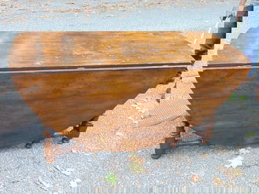 Large antique drop leaf table with stretcher base, pegged construction, table is 61.5" by 24" with l