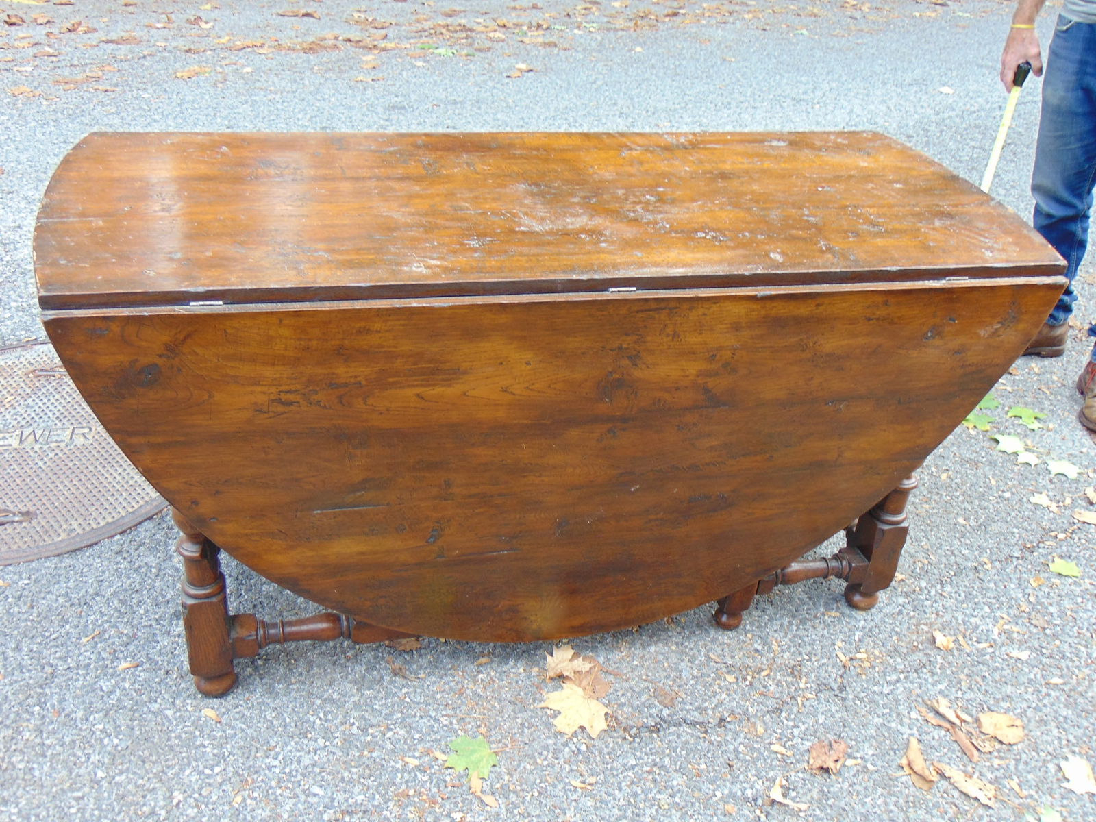 Large antique drop leaf table with stretcher base, pegged construction, table is 61.5" by 24" with l (1 of 6)