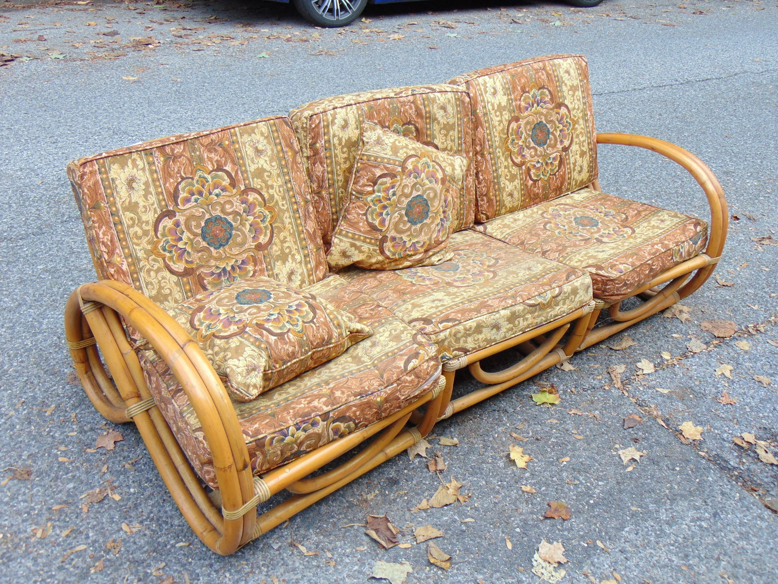 Sectional rattan sofa with pillows, 3 pieces, 72" long, 34" deep, height is 30" (as shown), several (1 of 4)