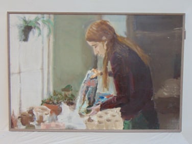 Painting, woman holding, cleaning vase or object, Lyn Bertles (written on reverse), oil on canvas, 3