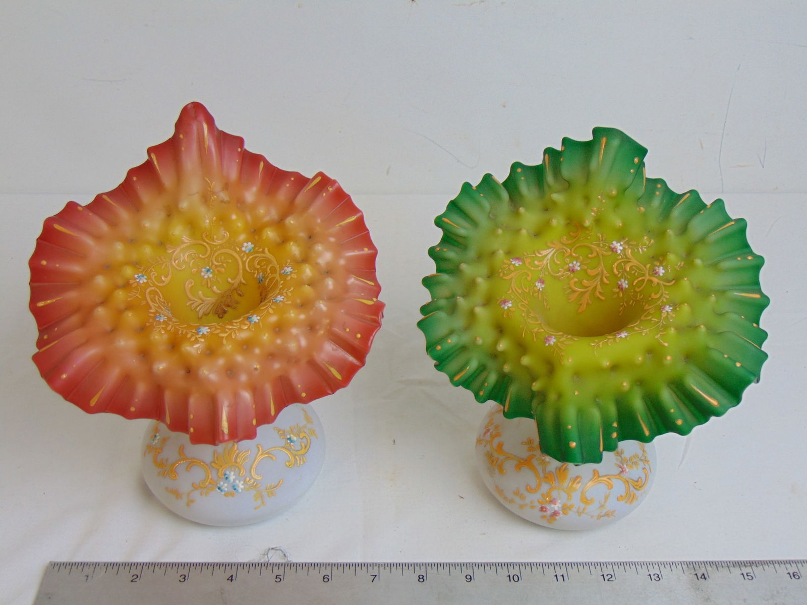 Two glass enamel decorated Bristol vases, one in orange, one in green, 8.5" tall, good condition11 (1 of 4)