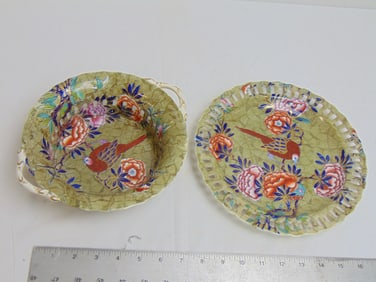 Spode porcelain plate & bowl, reticulated edge, with flower & bird decoration, plate is 9 5/8" in di