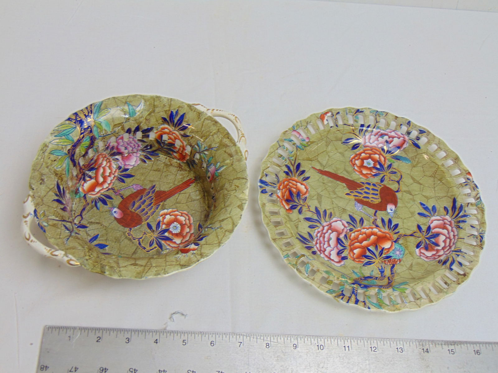 Spode porcelain plate & bowl, reticulated edge, with flower & bird decoration, plate is 9 5/8" in di (1 of 6)