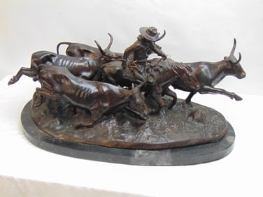 Large bronze on marble base, "Stampede", after Remington, 27" by 16", height is 14.25"