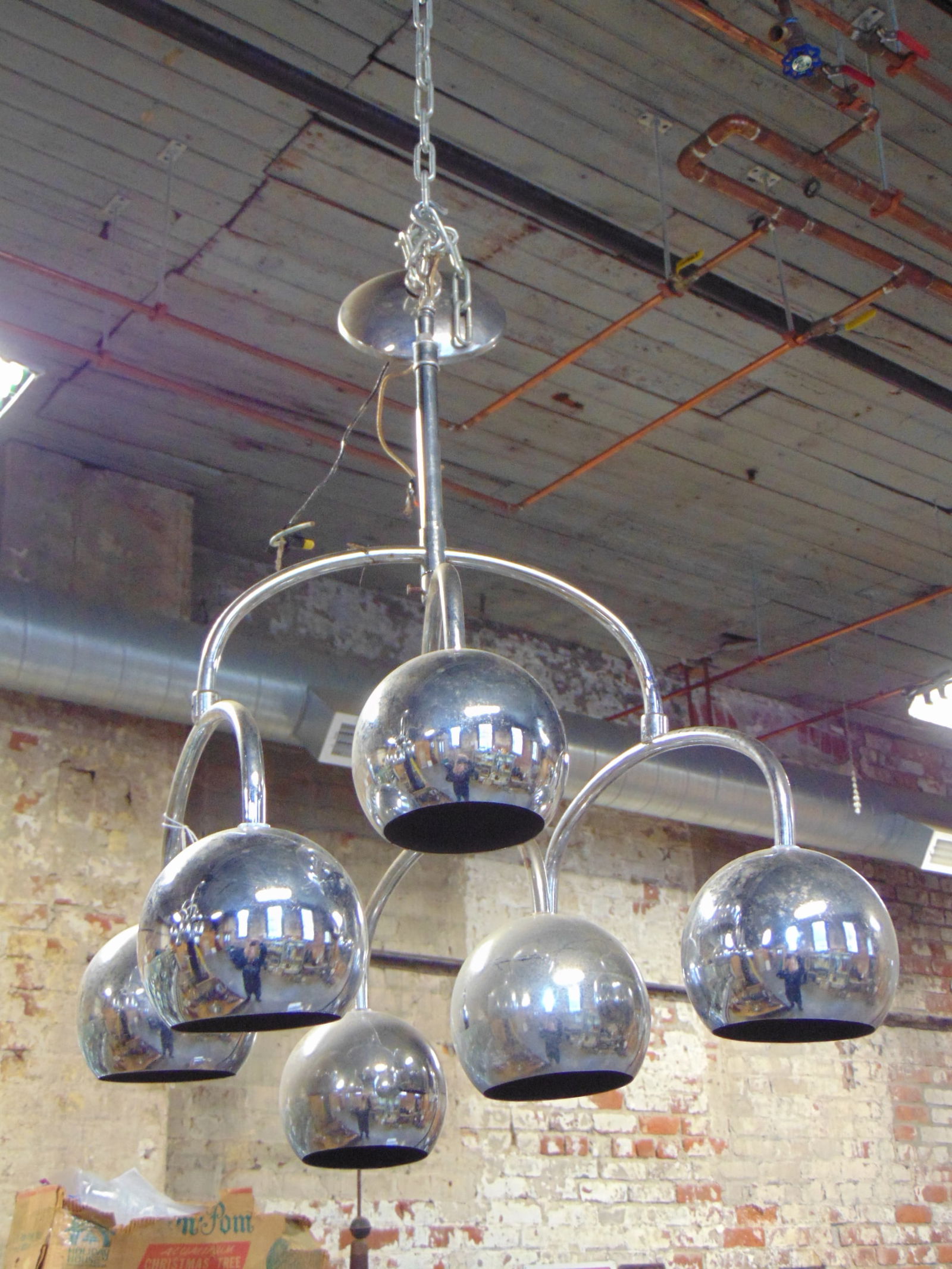 Chrome mid Century hanging fixture by Robert Sonneman, Chandelier has 7 chrome ball spots on 3 arms, (1 of 4)