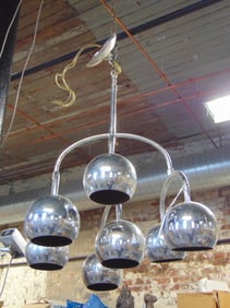 Chrome mid Century hanging fixture by Robert Sonneman, Chandelier has 7 chrome ball spots on 3 arms,