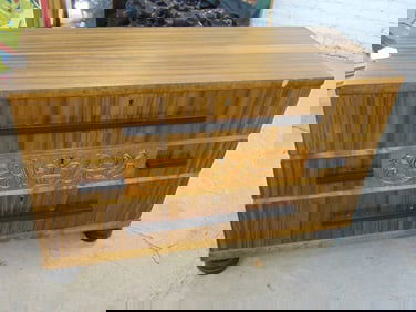 Small "Swedish Grace" art deco cabinet, triple drawer, center drawer has decorative carvings, small