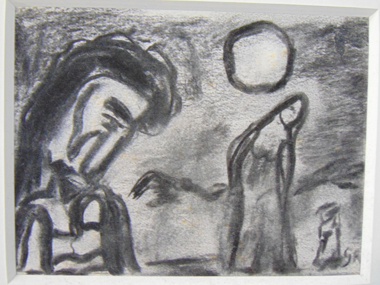 Charcoal, figures, manner of Charles Rouaul, unsigned, 4.5" by 6" sight, 13.25" by 10.75" framed: Charcoal, figures, manner of Charles Rouault, unsigned, 4.5" by 6" sight, 13.25" by 10.75" framed