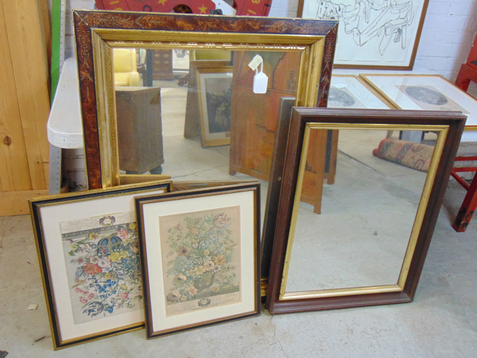 2 mirrors & 2 botanical prints, large mirror is 44.25" by 31.75", small walnut framed Victorian mirr (1 of 9)