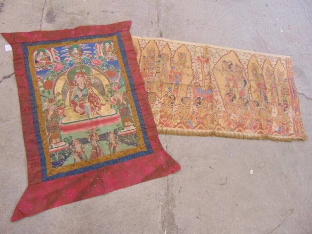 2 Asian fabric panels, Tibet thangka & Bali (?) panel, 25" by 51,5" & 41.5" by 36",: 2 Asian fabric panels, Tibet thangka & Bali (?) panel, 25" by 51,5" & 41.5" by 36",
