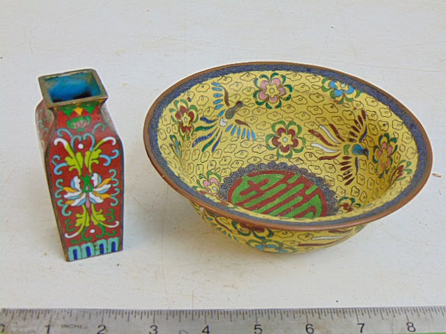 Champleve bowls & small vase, bowl decorated with birds, vase is floral decorated, bowl is 6" in: Champleve bowls & small vase, bowl decorated with birds, vase is floral decorated, bowl is 6" in diameter, vase is 3 7/8" tall