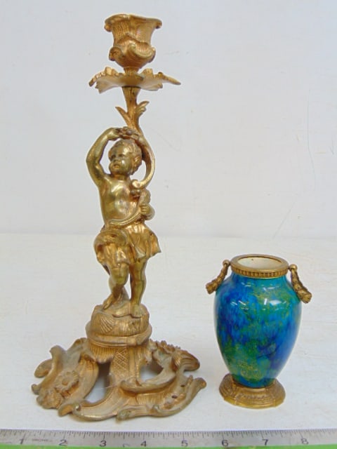 Small Sevres bronze mounted miniature vase & bronze figural candlestick, stick is 11", Sevres is 4": Small Sevres bronze mounted miniature vase & bronze figural candlestick, stick is 11", Sevres is 4"