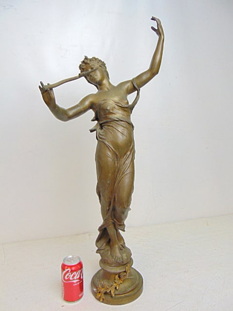 Large bronze figure, Eugene Marioton, "Femme jouant de la double flute", height is 32": Large bronze figure, Eugene Marioton, "Femme jouant de la double flute", height is 32"