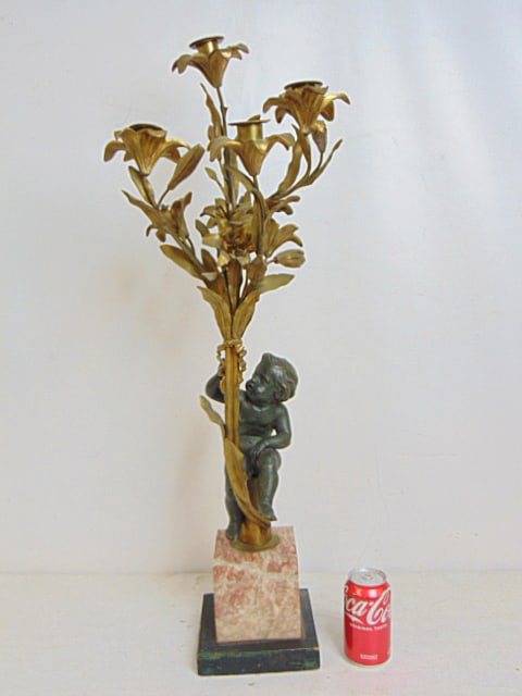 Large bronze candelabra with cherub base, on marble block base, 4 candle cups, height is 33.5": Large bronze candelabra with cherub base, on marble block base, 4 candle cups, height is 33.5"