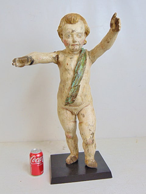 Early carved wood figure, boy with sash, some loss at feet & hands, on stand, height is 29.785": Early carved wood figure, boy with sash, some loss at feet & hands, on stand, height is 29.785"