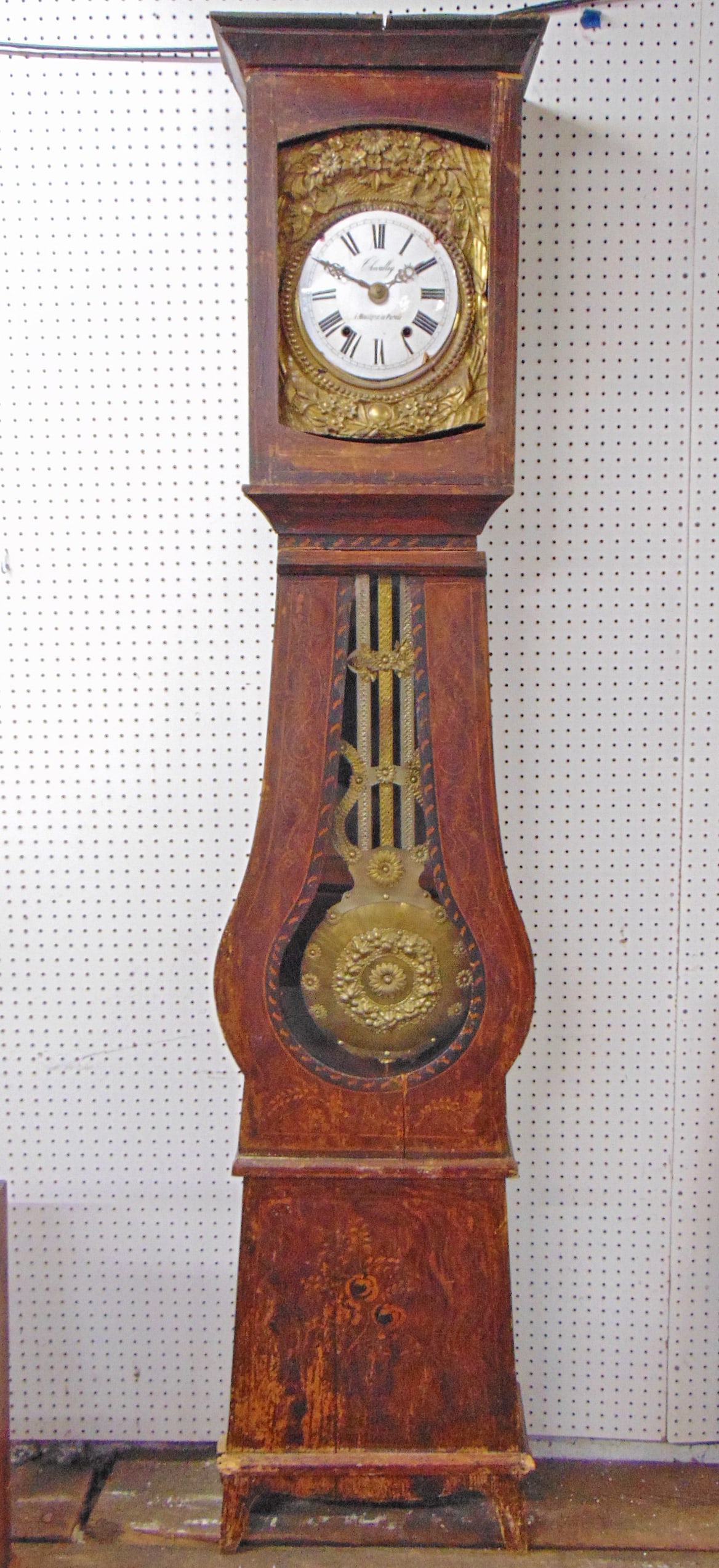 French country tall clock, Chevalley, A Mouilleron en Pareds, paint decorated case with fancy brass: French country tall clock, Chevalley, A Mouilleron en Pareds, paint decorated case with fancy brass pendulum, with iron weights, face is damages, as is condition, case is 91" tall