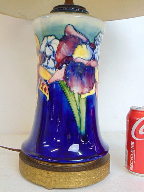 Moorcroft art pottery floral decorated table lamp with glass diffuser & linen shade, total height is: Moorcroft art pottery floral decorated table lamp with glass diffuser & linen shade, total height is 24"