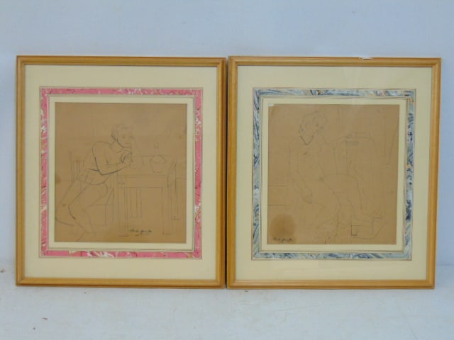 Two drawings, figures, signed Archipenko (Archipenka ?) line drawings on brown paper, one has stain,: Two drawings, figures, signed Archipenko (Archipenka ?) line drawings on brown paper, one has stain, art is 12.75" by 11.75", framed size is 21.25" by 19.25"