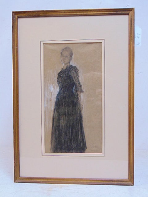 Charcoal drawing, woman in long black gown, Kenneth Frazier, with various labels & estate of Kenneth: Charcoal drawing, woman in long black gown, Kenneth Frazier, with various labels & estate of Kenneth Frazier Stamp, 13.75" by 7.25", 21.5" by 15" framed