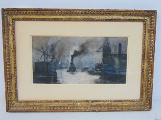 Painting, Tug Boat in harbor, Ashcan school (?), pastel, 5.75" by 11.5", (12.25" by 17.75": Painting, Tug Boat in harbor, Ashcan school (?), pastel, 5.75" by 11.5", (12.25" by 17.75"