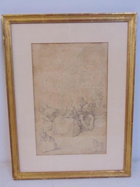 Drawing, 18th Century French school, figures, musicians, child with pull toy, pencil, 14.25" by: Drawing, 18th Century French school, figures, musicians, child with pull toy, pencil, 14.25" by 9.25", framed size is 20 5/8" by 15 5/8"