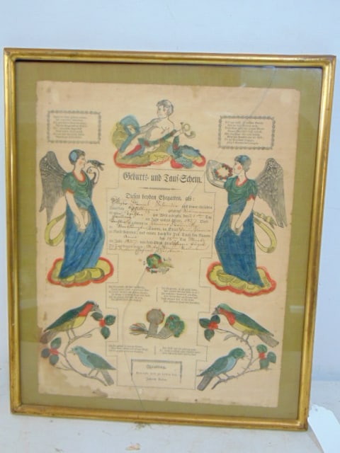 19th Century German illustrated birth & baptism certificate, glass cracked, 16.25" by 12.75" (paper: 19th Century German illustrated birth & baptism certificate, glass cracked, 16.25" by 12.75" (paper only)