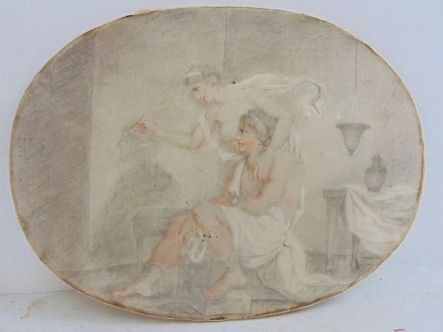 Painting, figure drawing a portrait, French school, 18th Century, unsigned, paper on canvas, pencil: Painting, figure drawing a portrait, French school, 18th Century, unsigned, paper on canvas, pencil drawing, 10" by 13.25" (oval)