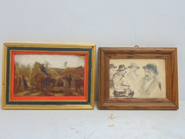 Painting & drawing, Hungarian, figures with horse, oil on board, with paper label (see images) &: Painting & drawing, Hungarian, figures with horse, oil on board, with paper label (see images) & pencil drawing, studies man with hats, painting is 7.25" by 10.5 "framed size