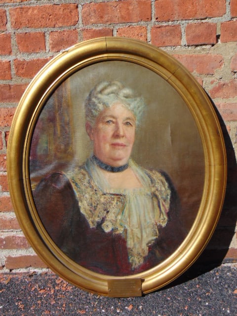 Painting, portrait of Susan Bainbridge Barnes, Matilda Browne, oil on canvas, front unsigned,: Painting, portrait of Susan Bainbridge Barnes, Matilda Browne, oil on canvas, front unsigned, Matilda Browne II on stretcher, canvas is 27" by 22" (oval, framed size is 30.75" by 25.75", canvas has te