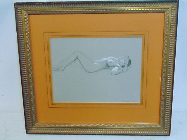 Drawing, study of a nude, signed Raphael Soyer, pencil and chalk on blue paper, 9" by 12" (18 3/8": Drawing, study of a nude, signed Raphael Soyer, pencil and chalk on blue paper, 9" by 12" (18 3/8" by 20.5" framed)