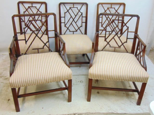Set 6 Chinese Chippendale chairs, 2 arm & 4 side, both arm chairs have repairs, back of: Set 6 Chinese Chippendale chairs 4 are 19th Century, two are later reproductions 2 arm & 4 side, both arm chairs have repairs, back of armchairs are loose, need repair, one small piece is missing.