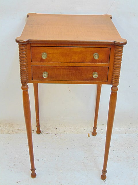 Antique 2 drawer stand, tiger maple, stand is 16" by 16", height is 28.25": Antique 2 drawer stand, tiger maple, stand is 16" by 16", height is 28.25"