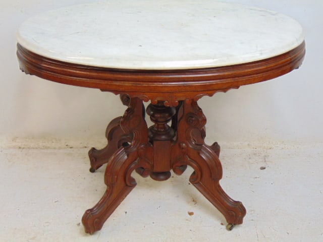 Oval Victorian marble top table, white marble, top is 36" by 26.75", height is 29": Oval Victorian marble top table, white marble, top is 36" by 26.75", height is 29"