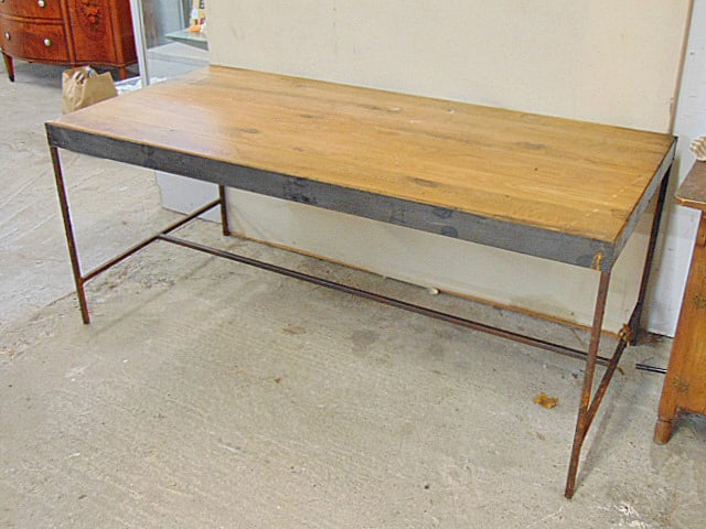 Steel base oak top table, stretcher base, table is 69" by 33", height is 29.25".: Steel base oak top table, stretcher base, table is 69" by 33", height is 29.25".
