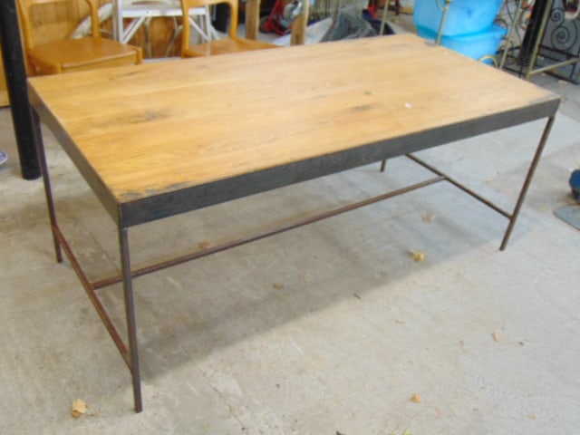 Steel base oak top table, stretcher base, table is 69" by 33", height is 29.25".: Steel base oak top table, stretcher base, table is 69" by 33", height is 29.25".