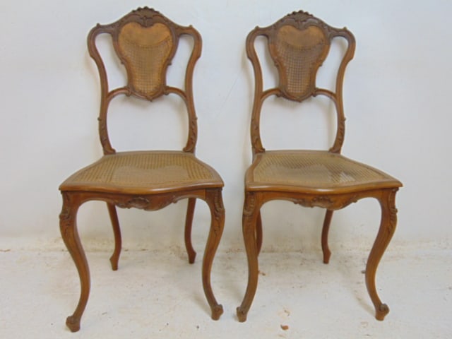 Pair petite French caned seat & back side chairs, chairs are 17" by 16" (seat), height is 35.5".: Pair petite French caned seat & back side chairs, chairs are 17" by 16" (seat), height is 35.5".