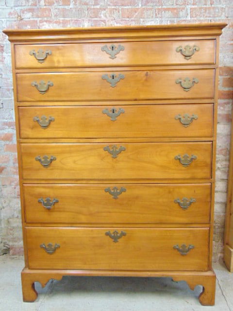 Antique Chippendale maple tall chest, 6 drawers, brass hardware, chest is 41.5" by 19", height is: Antique Chippendale maple tall chest, 6 drawers, brass hardware, chest is 41.5" by 19", height is 56"