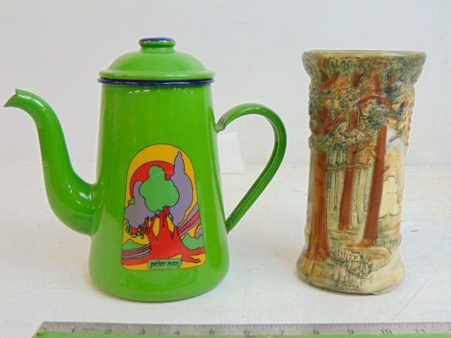 Peter Max enameled tea pot & Weller Forest vase, 8" tall, good condition: Peter Max enameled tea pot & Weller Forest vase, 8" tall, good condition